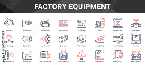 FACTORY EQUIPMENT  Icon set collection. Vector icon pack featuring thematic icons for your presentations or business.