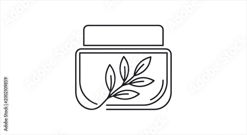 Minimalist Line Art of Organic Skincare Cream Jar with Botanical Leaf.