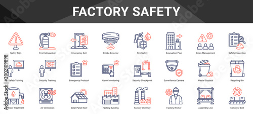 FACTORY SAFETY  Icon set collection. Vector icon pack featuring thematic icons for your presentations or business.