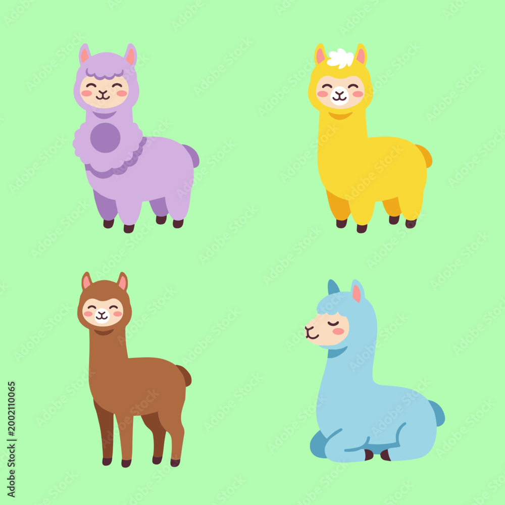 Obraz premium Adorable Alpaca and Llama Character Set, Cute Furry Animals in Different Poses and Colors, Kawaii Farm Animal Vector Illustration for Kids Design
