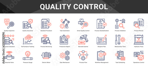 QUALITY CONTROL  Icon set collection. Vector icon pack featuring thematic icons for your presentations or business.