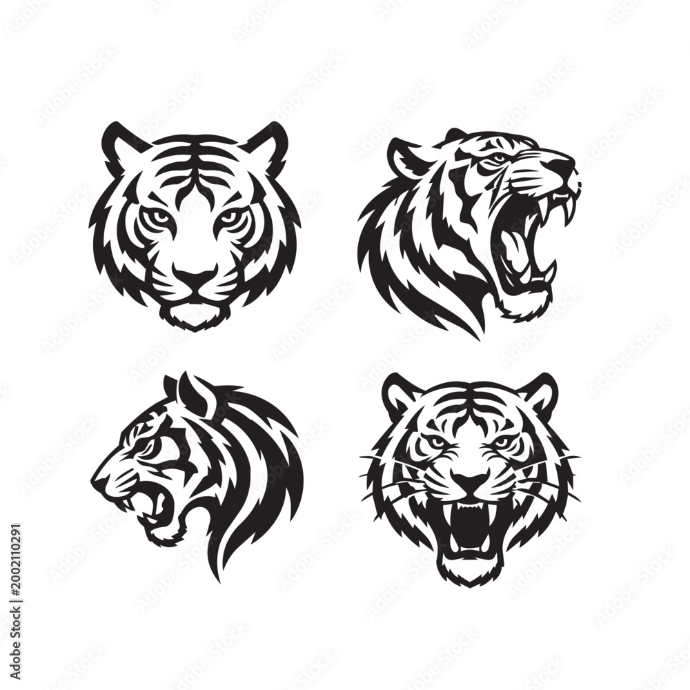 Fototapeta premium Collection of four black and white tiger head illustrations