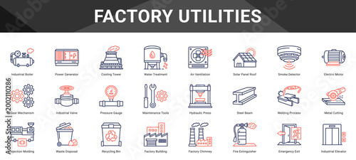 FACTORY UTILITIES  Icon set collection. Vector icon pack featuring thematic icons for your presentations or business.