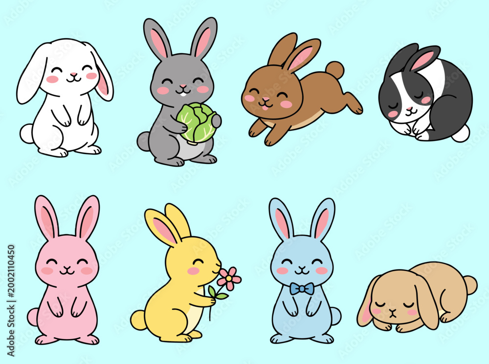 Fototapeta premium Cute Rabbits Collection, Kawaii Bunny Characters in Various Activities like Eating Cabbage, Jumping and Sleeping, Easter Animal Mascot Vector Set