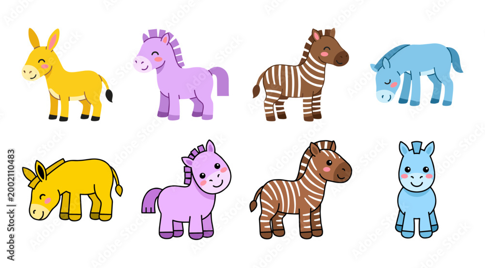 Fototapeta premium Kawaii Horses and Zebras Icons Set, Cute Pony, Donkey and Striped Zebra Characters for Nursery Decor, Animal Education and Farm Theme Illustration