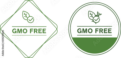 GMO Free Badge Icons with Leaf Checkmark for Organic Natural Food Labels and Packaging Design