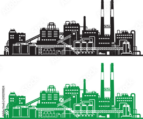 Industrial factory refinery silhouette set, black and green petrochemical plant vector illustration, oil and gas industry infrastructure, energy production facility, manufacturing complex design