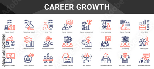 CAREER GROWTH  Icon set collection. Vector icon pack featuring thematic icons for your presentations or business.