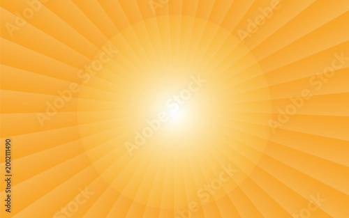 Orange radial sunburst background. Vector illustration of a bright central glow with expanding light rays for summer promotions, circus themes, and vibrant marketing banners.