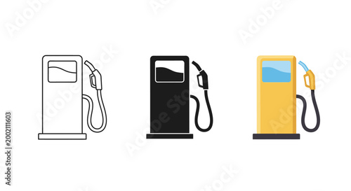 Set of three gasoline station pump vector graphic illustrations showing outline silhouette and flat color design styles for modern fuel service business or transportation web projects
