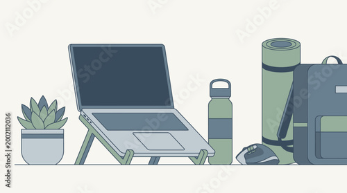 Remote work essentials with laptop and outdoor gear