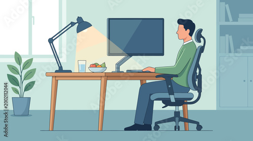 Man working on computer at desk with lamp and plant