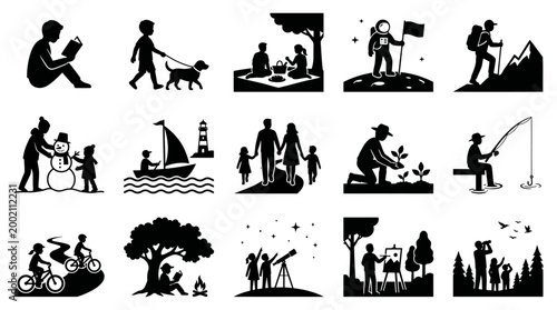 Set of black vector silhouettes illustrating various leisure activities and diverse hobbies for people of all ages depicted in a clean graphic design style