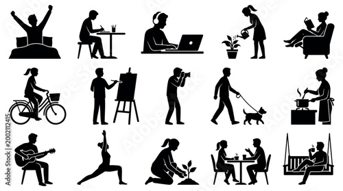 A comprehensive vector illustration showcasing diverse daily human activities, including work, hobbies, and leisure, perfect for lifestyle and routine-focused graphic designs.