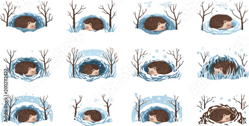 Bild auf Leinwand Cute Hedgehog Hibernating Sleeping In Snow Winter Season Vector Illustration Set
