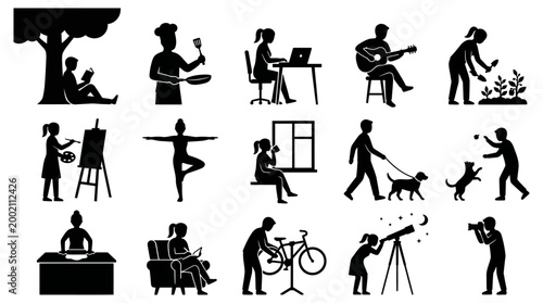Diverse collection of vector icons showcasing various daily hobbies and recreational activities performed by different people in this simple black and white design