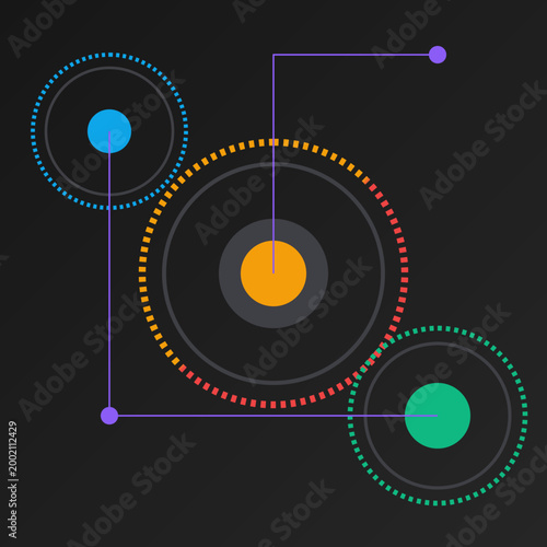 Abstract digital algorithm visualization showing interconnected circular nodes and process data flow on a dark background.