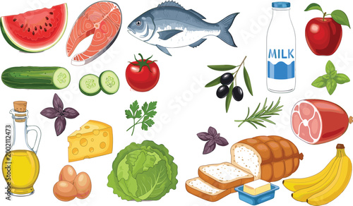 Vector Illustration of Fresh Fruits, Vegetables, Dairy, Bread, and Olive Oil for Healthy Eating, Cooking, and Organic Food Concepts