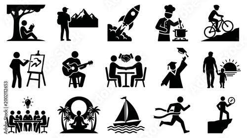 Comprehensive vector graphic illustration set displaying a diverse range of human activities, hobbies, and various life experiences in silhouette form.