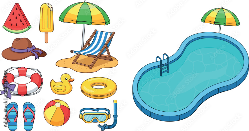 Fototapeta premium Summer Pool Party Icon Set with Watermelon, Ice Cream, Pool Floats, and Beach Accessories for Fun Vacation and Travel Designs