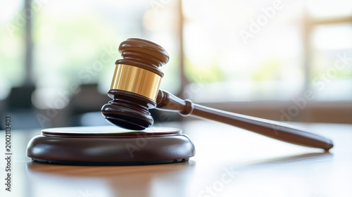 A wooden gavel rests on a sounding block in a courtroom setting, symbolizing justice and legal proceedings.
