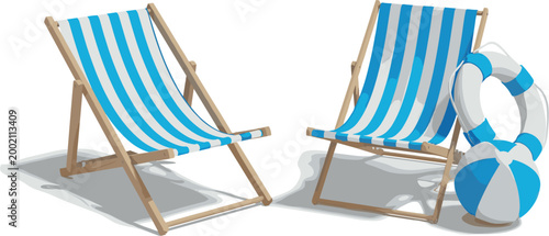 Set of 2 Blue and White Striped Beach Lounge Chairs with Life Ring, Perfect for Summer, Relaxation, and Vacation Designs