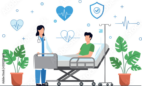 Medical Care and Health Treatment Concept with Doctor and Patient in Hospital Room, Health Monitoring, and Healthcare Services
