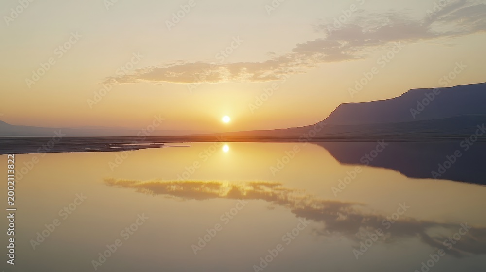 Obraz premium A Picturesque Sunset Casting a Warm Golden Glow Reflecting Perfectly in the Still Waters of a Serene Landscape