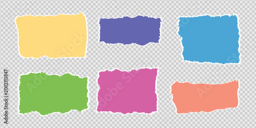 Colorful torn paper scraps set. Isolated vector collection of ripped paper pieces in yellow, blue, green, and pink with rough edges on transparent background for creative collage designs.