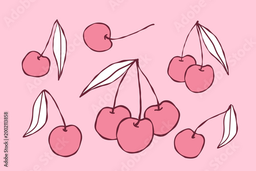 Set of cherry elements and leaves in cute aesthetic style. Perfect for seamless patterns, textile and packaging.