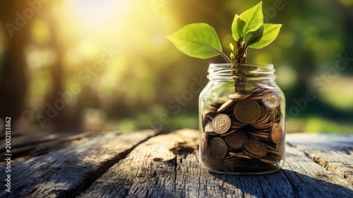 A young plant growing from a jar filled with coins symbolizing financial growth and investment