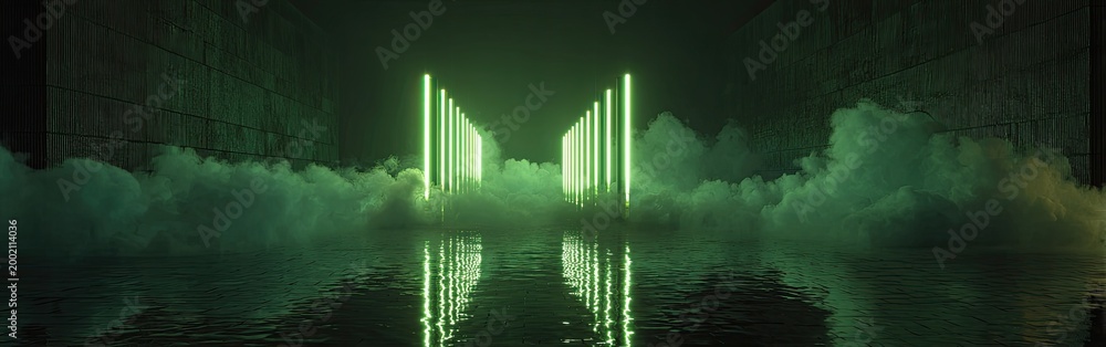 Fototapeta premium Futuristic Neon Green Pillars Reflecting in Water with Smoke.