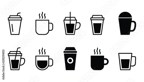 Collection of beverage containers coffee cups tea cups and takeout cups