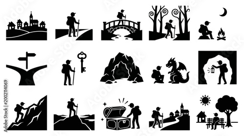 Collection of black vector icons showing silhouettes of a hiker exploring various landscapes and fantasy adventures for travel web or mobile app design