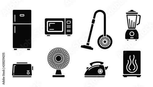 Black silhouette icons of common household appliances on a white background