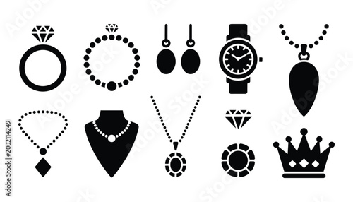 Black and white jewelry icons set necklaces watches crowns and more