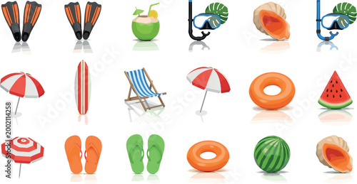 Summer Holiday Icon Set with Beach Essentials Including Fins, Umbrella, Watermelon, and Pool Floats for Travel and Vacation Designs