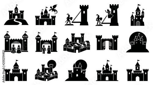 Detailed collection of castle vector graphic icons representing historical fortresses and royal kingdoms featuring diverse architectural styles for your next creative design project