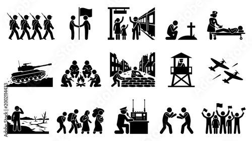 Comprehensive vector graphic illustration set depicting various aspects of war, conflict, displacement, human rights issues, and their societal impacts.