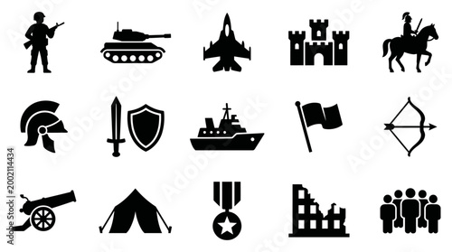 Collection of black military and war vector icons representing historical and modern combat elements for graphic design projects and educational resources.