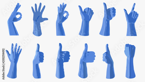 collection of blue 3d rendered hand gestures with various finger positions