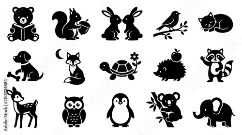 Black and white vector set of cute wild and domestic animal icons featuring bears squirrels rabbits birds cats foxes turtles and many more