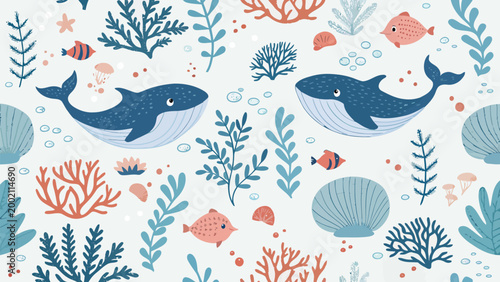 Seamless pattern with cute whales, fish, corals, and seashells on a light background handdrawn vector illustration for kids fabric, wallpaper, or stationery