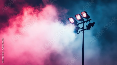 Dramatic stage lighting illuminates colorful smoke for an atmospheric performance or event, creating a vibrant visual spectacle.