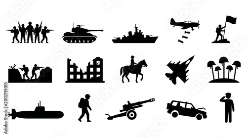 A collection of vector graphic illustrations depicting various military elements and conflict symbols in a silhouette design