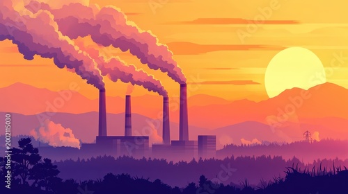 Industrial factory smokestacks emit colorful plumes of pollution into a vibrant sunset sky.
