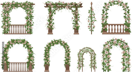 Elegant Garden Arch Pergola With White Climbing Rose Flowers And Fence Vector Illustration Set