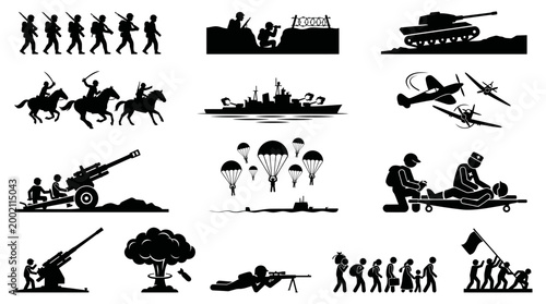 Collection of vector silhouette illustrations depicting various military and wartime scenes and elements for historical or conflict based graphic design projects.