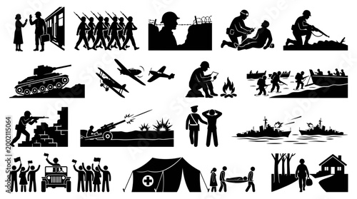 Black and white vector illustration set depicting various scenes of world war two military action soldiers combat and historical wartime events for design