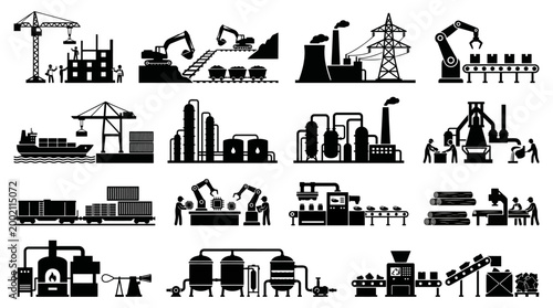 Professional set of black and white vector icons depicting various industrial manufacturing processes including construction logistics energy production and heavy automated machinery tasks